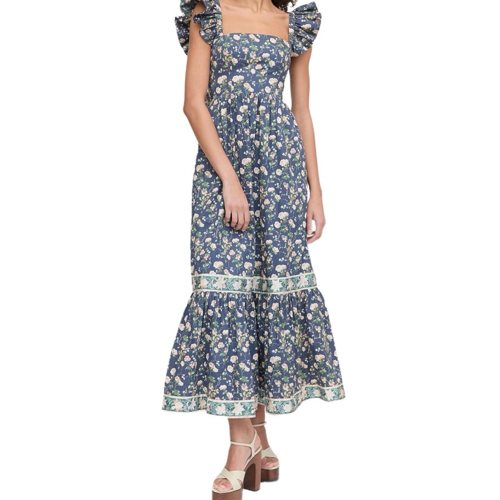 Hill House Navy Blue Floral Ruffle Strap Maxi Dress